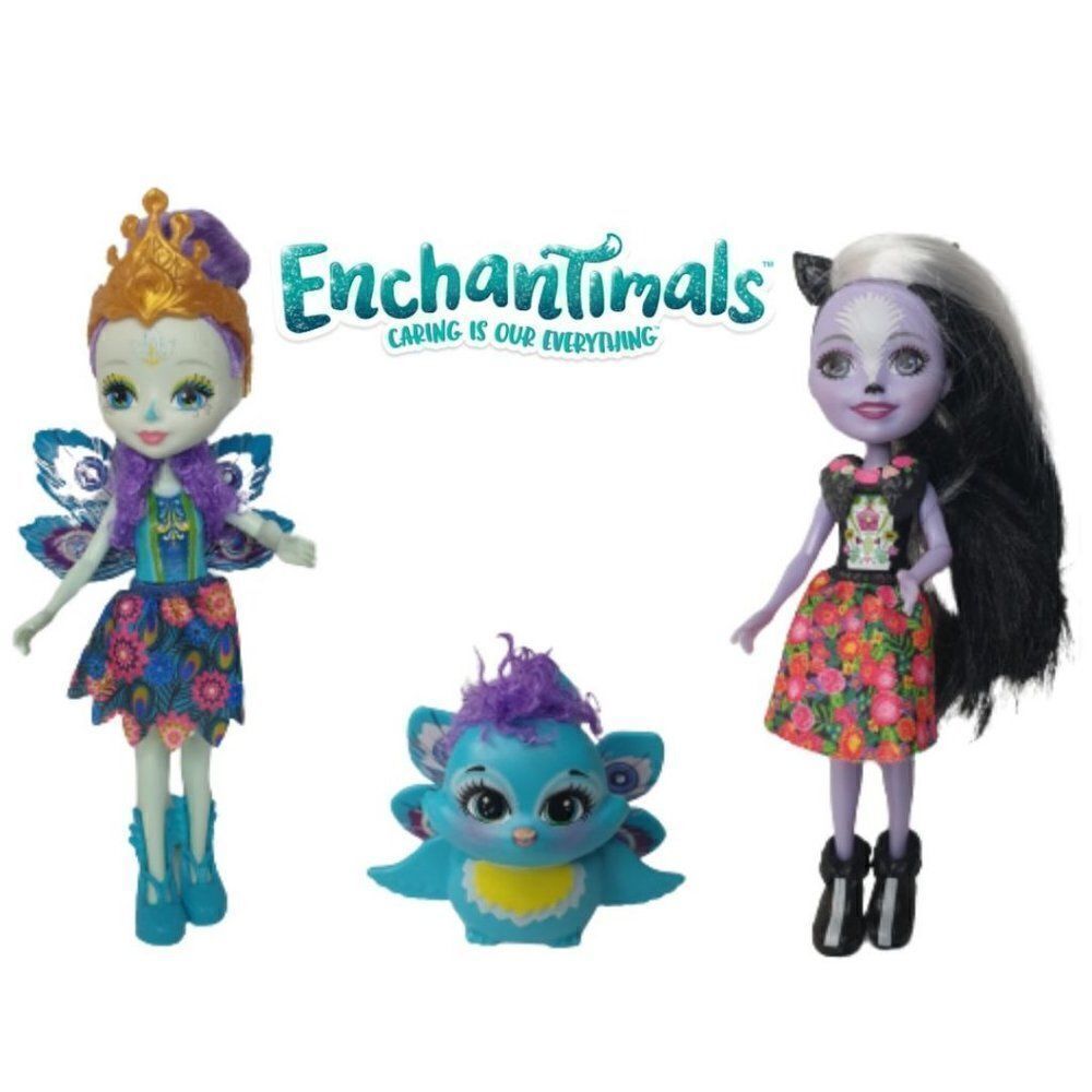 Enchantimals Patter Peacock Doll Flap and Sage Skunk Mini 6" Doll Figures Bundle